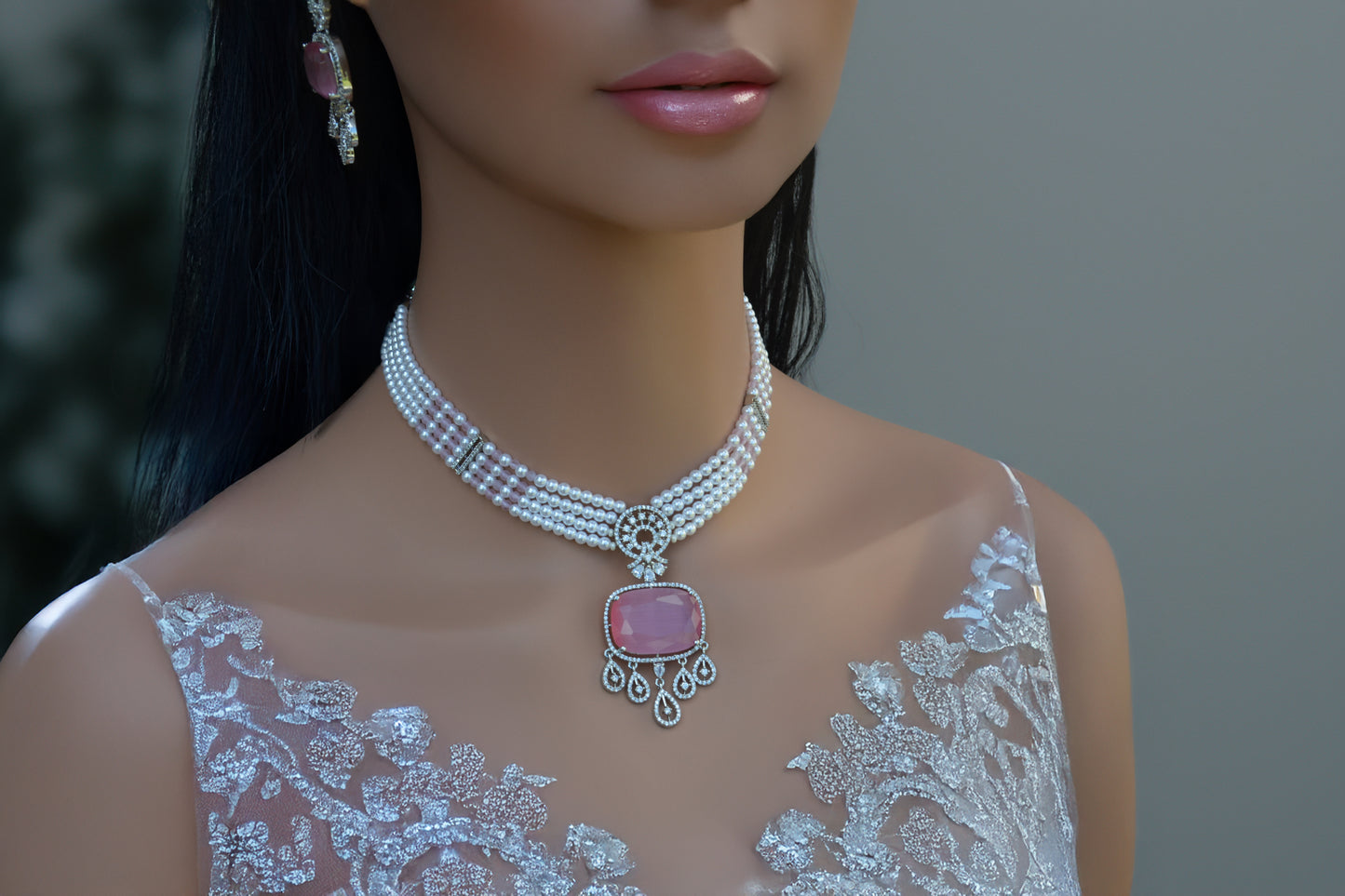 Pearl A.D Light Pink Necklace with Matching Earrings