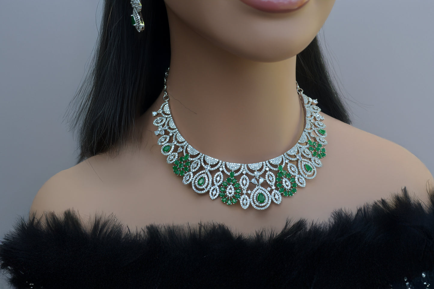 Emerald Green A.D Necklace with Matching Earrings
