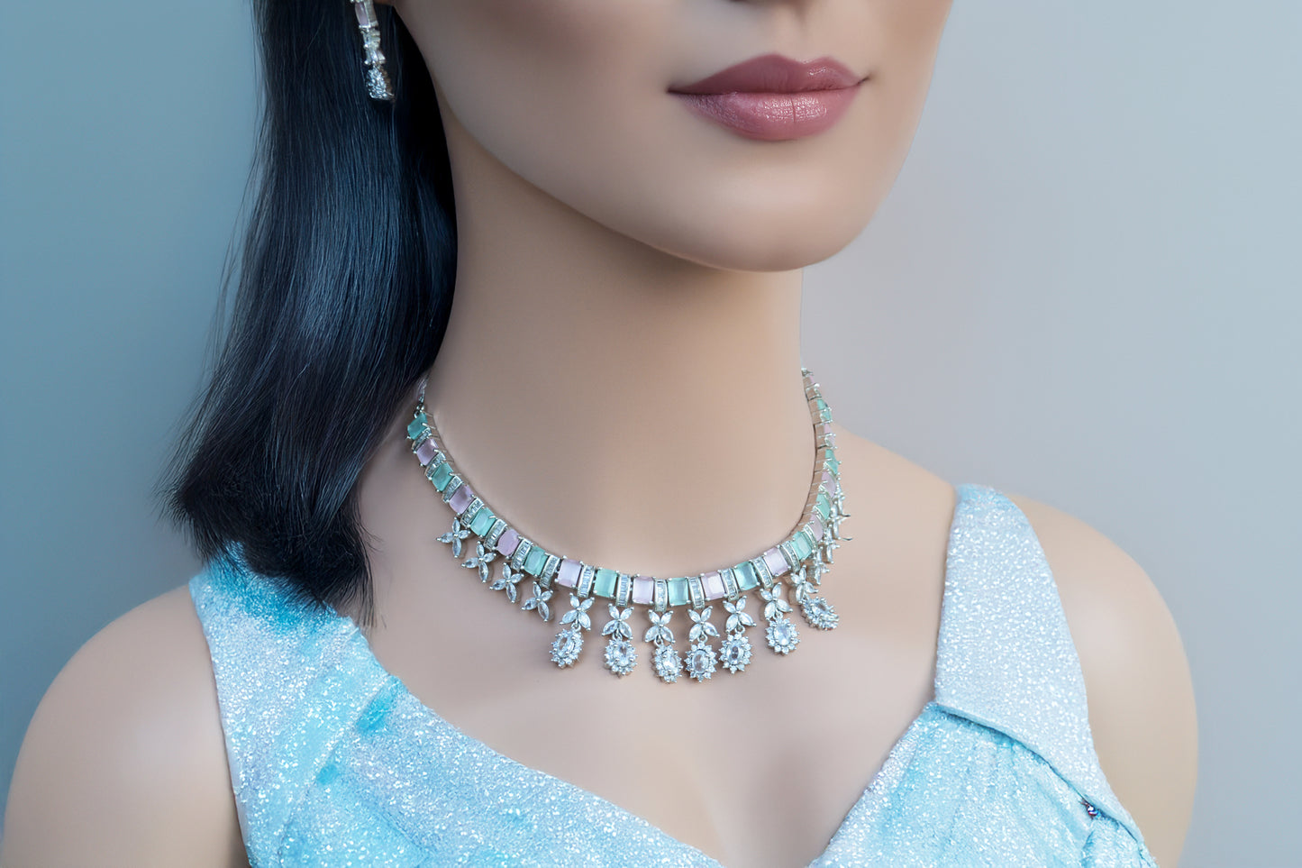 Mint & Green A.D Necklace with Matching Earrings
