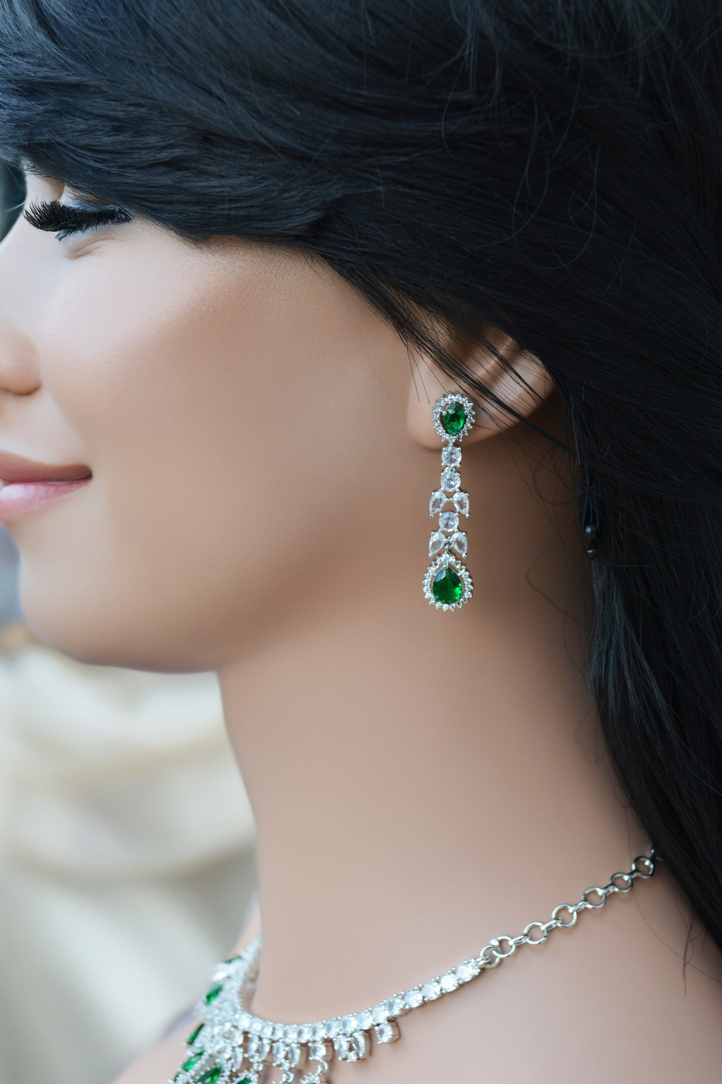 Emerald Green A.D Necklace with Matching Earrings