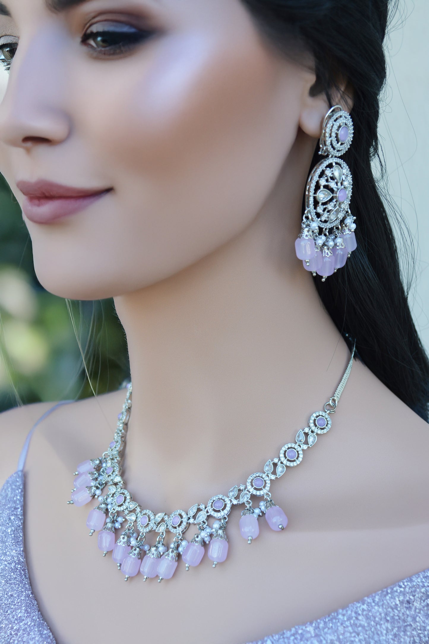 Purple Kundan A.D Necklace with Matching Earrings