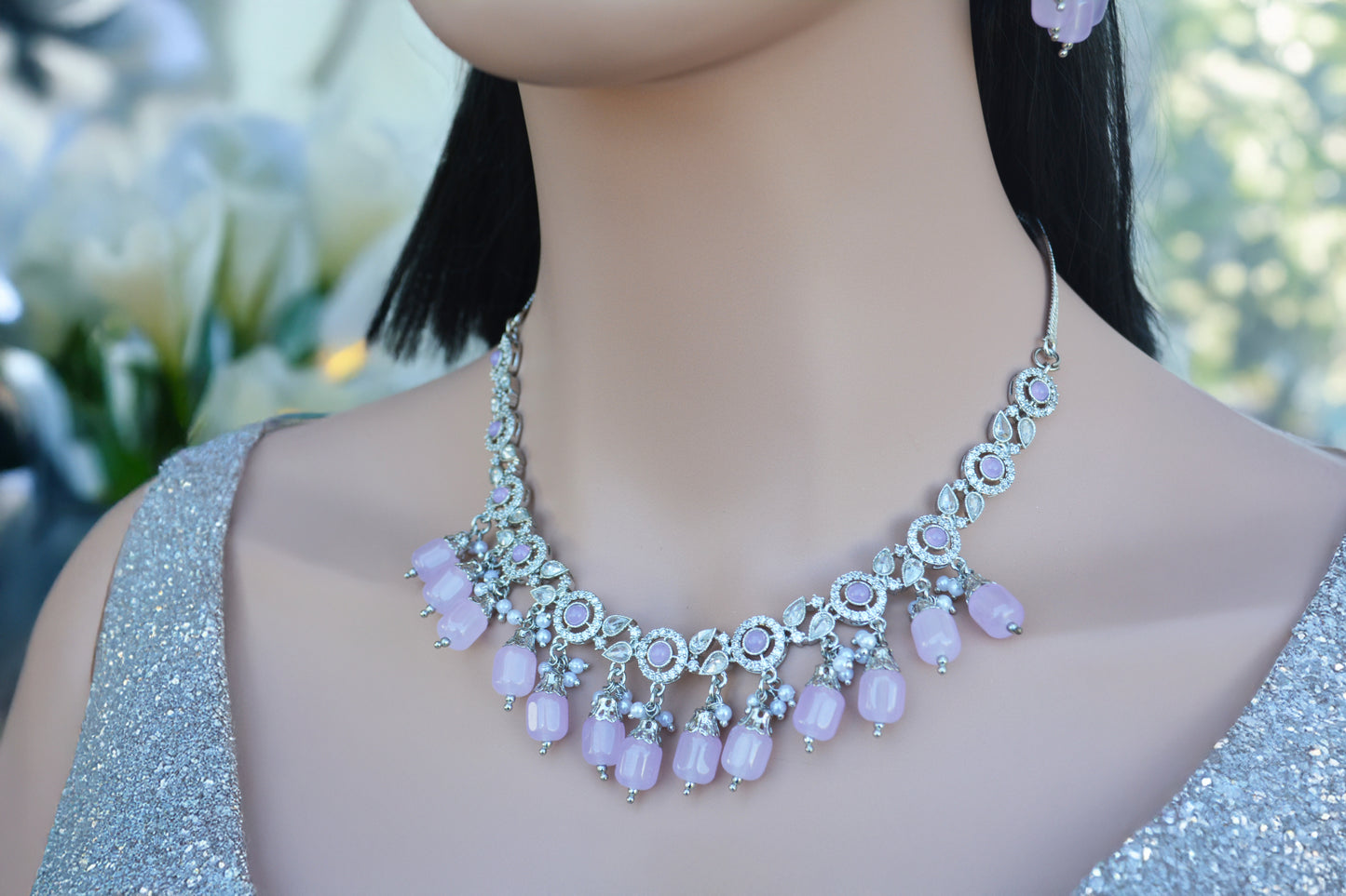 Purple Kundan A.D Necklace with Matching Earrings