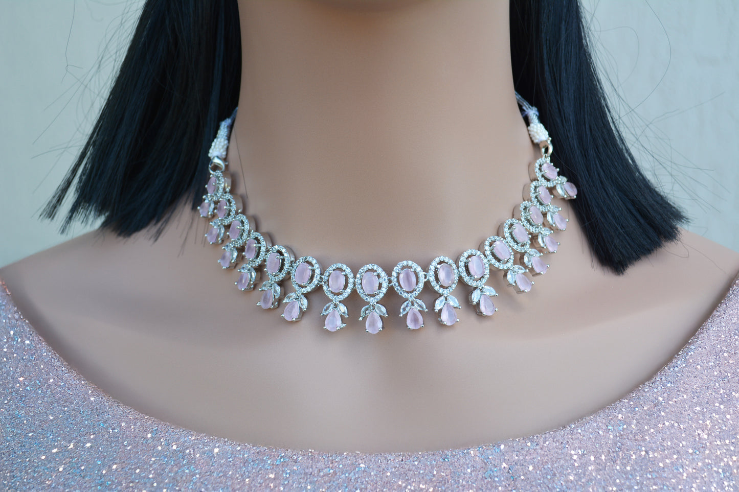Silver AD Necklace with Pink Stones