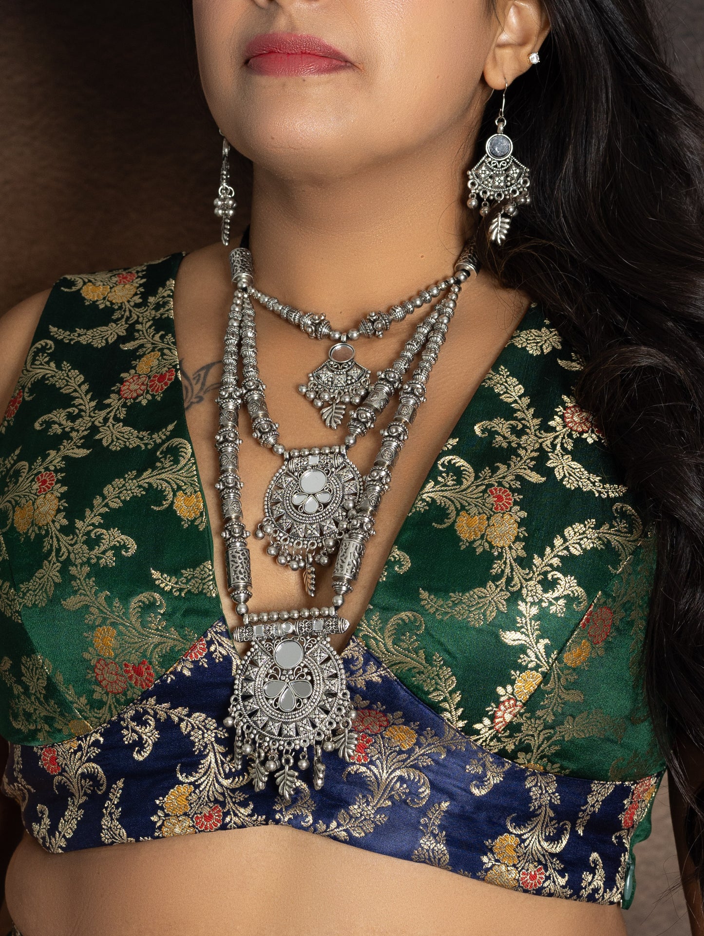 Silver oxidized long necklace