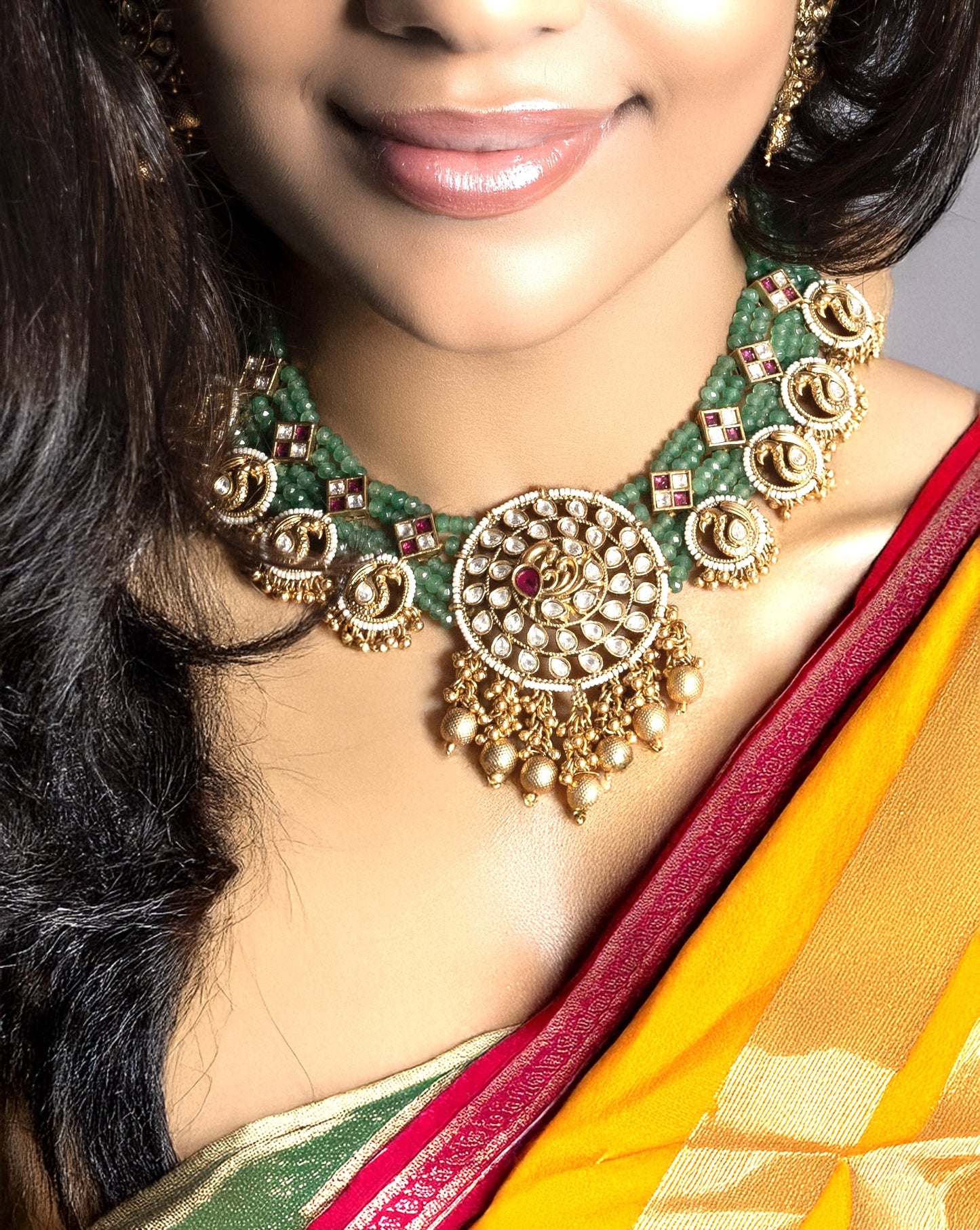 Matte Gold Finish Kundan Polki & Kemp Stone Necklace Set