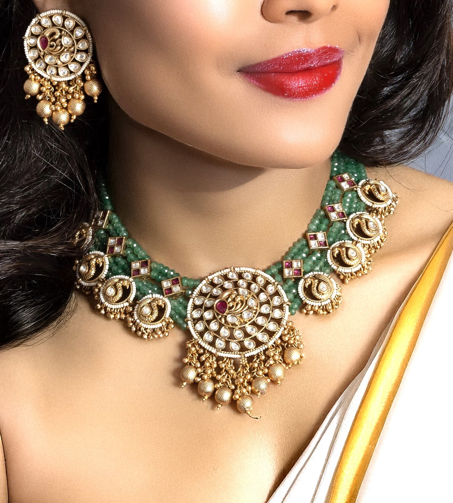 Matte Gold Finish Kundan Polki & Kemp Stone Necklace Set