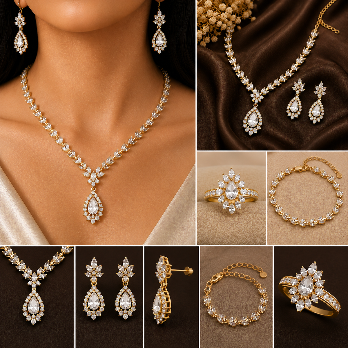 Eternal Grace 4-Piece Women’s Jewelry Set – Gold-Plated CZ Necklace, Earrings, Ring & Bracelet