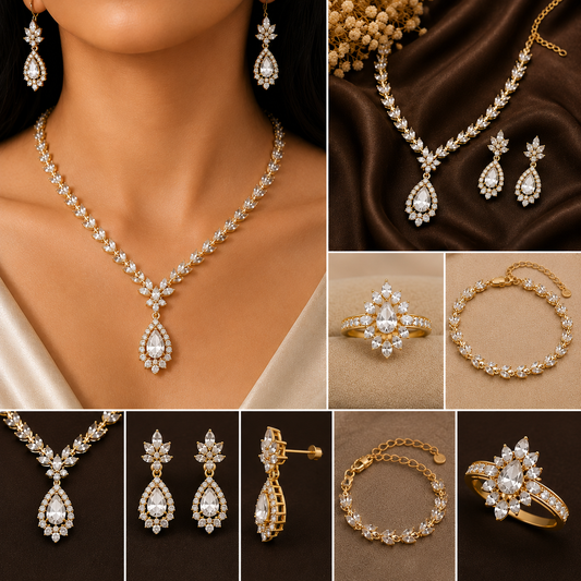Eternal Grace 4-Piece Women’s Jewelry Set – Gold-Plated CZ Necklace, Earrings, Ring & Bracelet