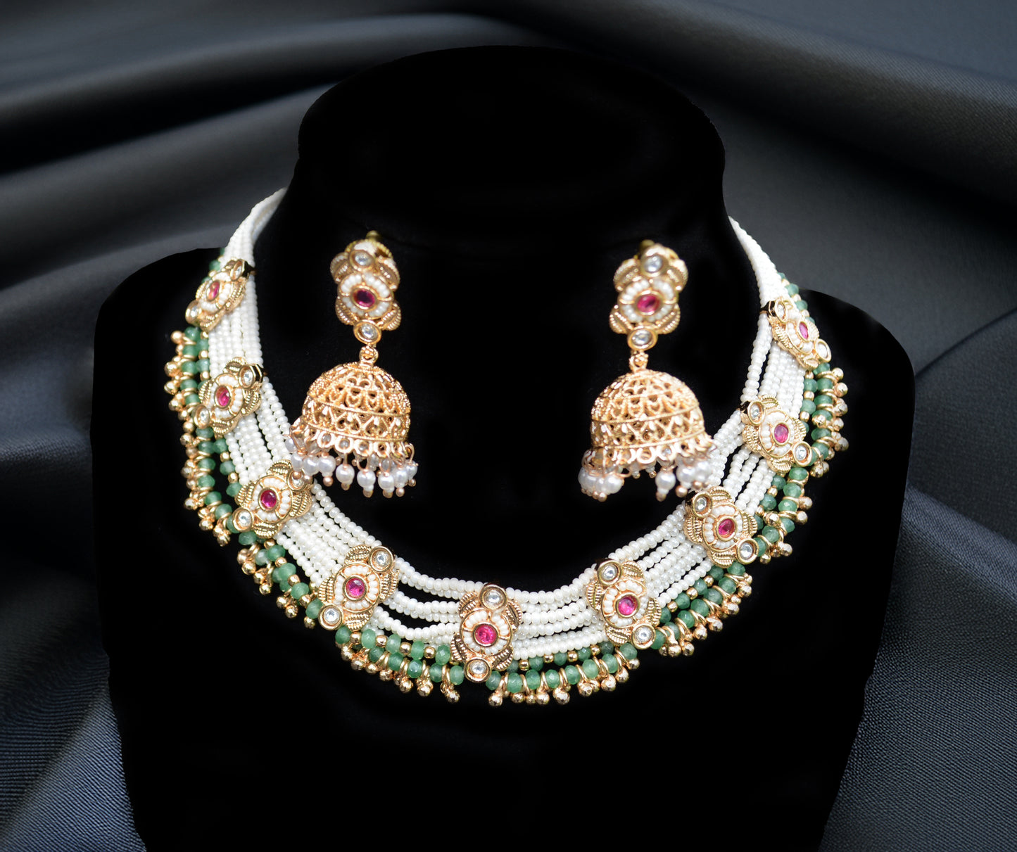 Short Kundan Necklace – Light Green with Ruby Accents
