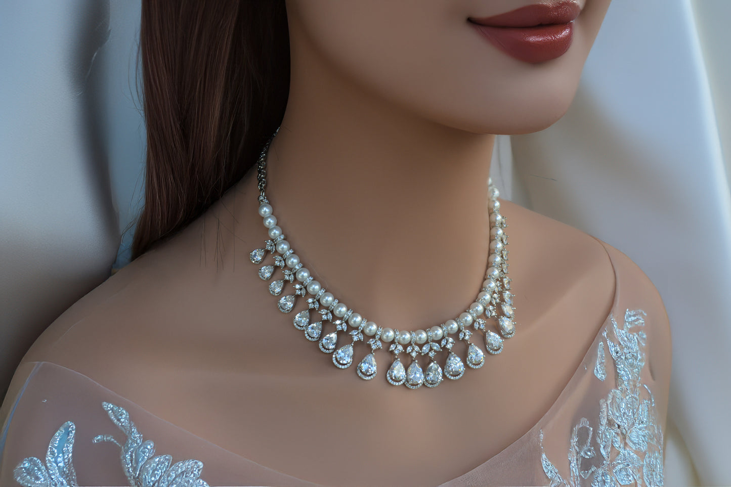 White pearl A.D necklace with matching stud earrings