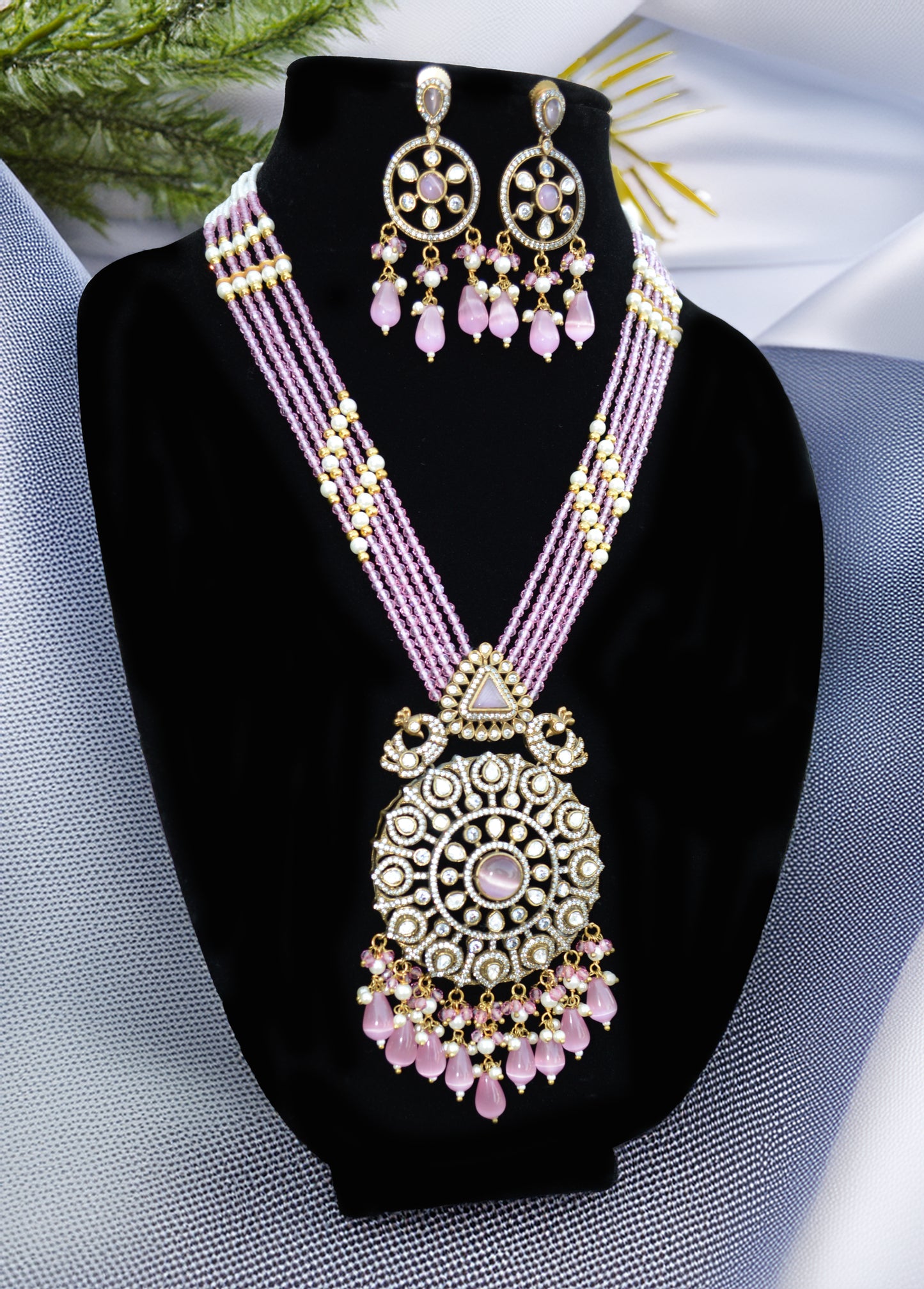 Light Pink beaded long necklace