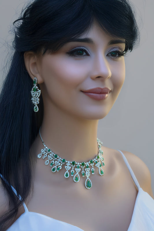 Emerald Green A.D Necklace with Matching Earrings