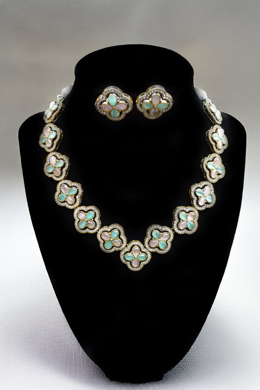 Victorian Polish Short Necklace with Light Pink Kundan Stones