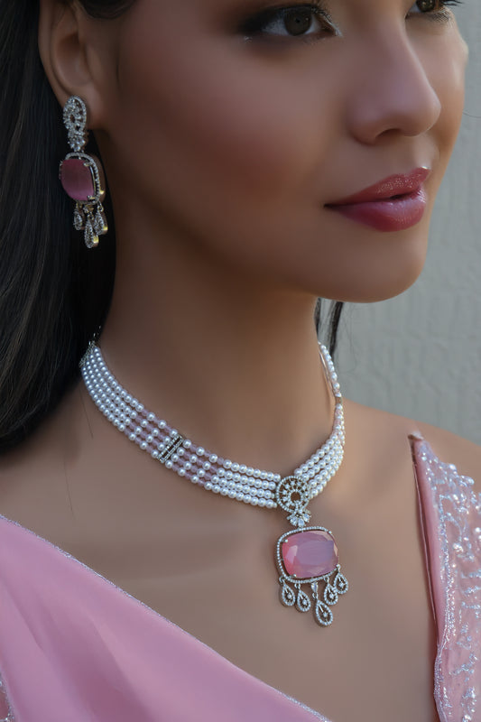 Pearl A.D Light Pink Necklace with Matching Earrings