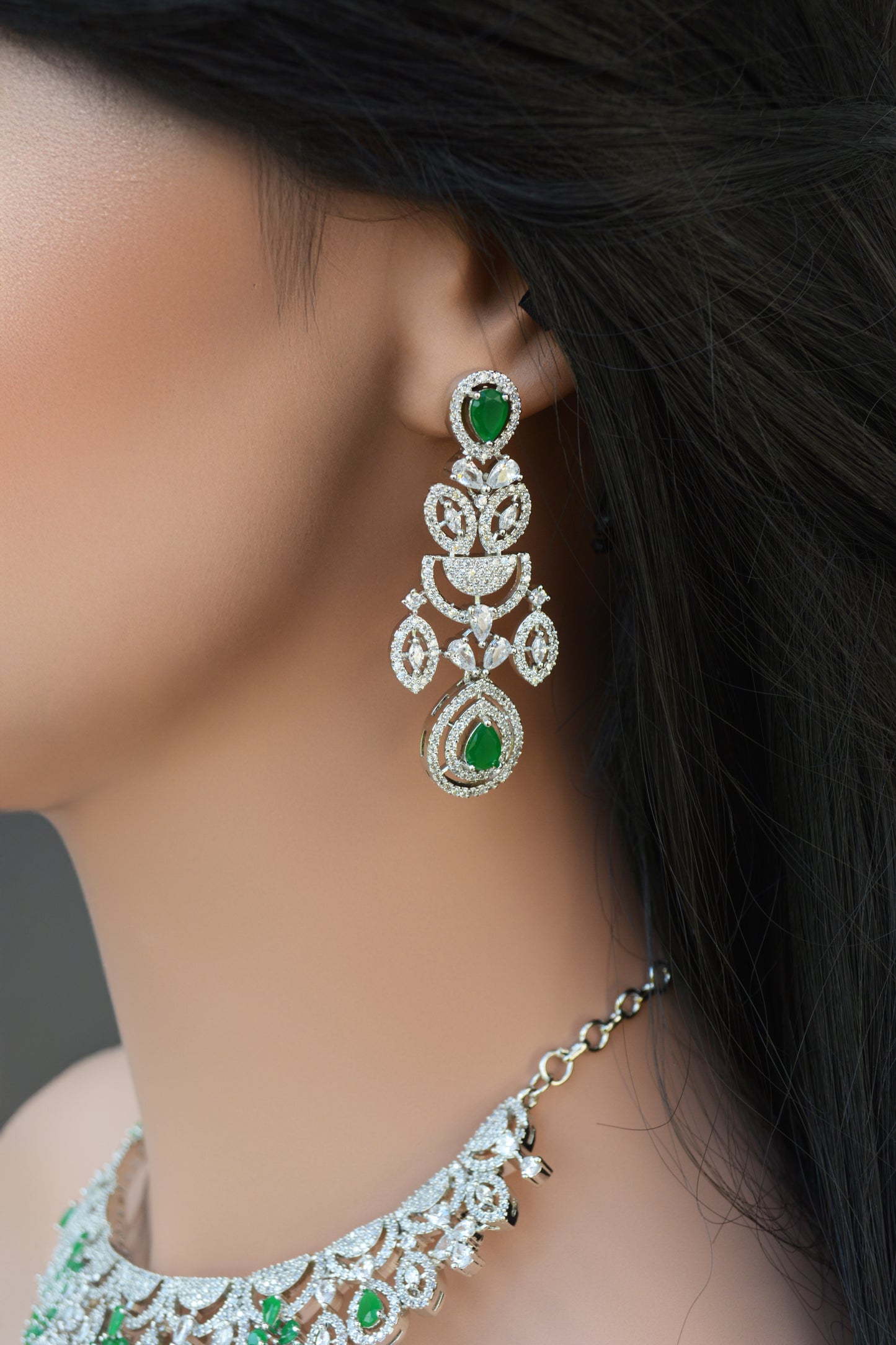 Emerald Green A.D Necklace with Matching Earrings