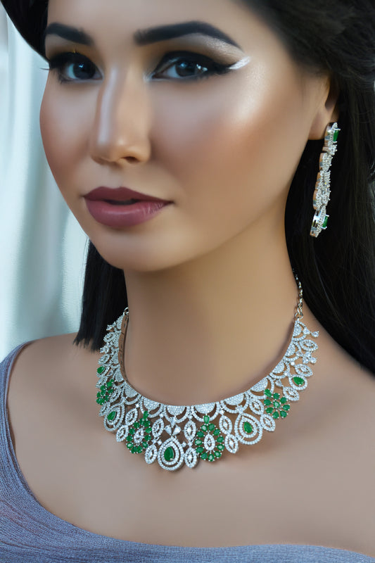 Emerald Green A.D Necklace with Matching Earrings