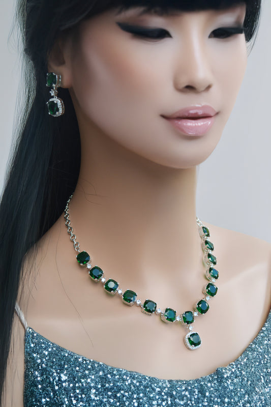 Emerald Green A.D Necklace with Matching Earrings