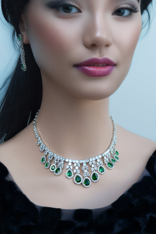 Emerald Green A.D Necklace with Matching Earrings