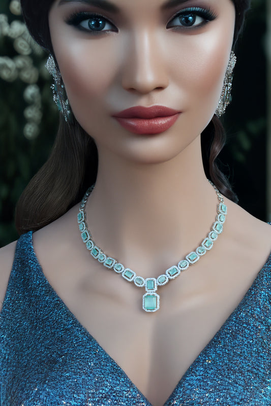 Mint Green A.D Necklace with Matching Earrings