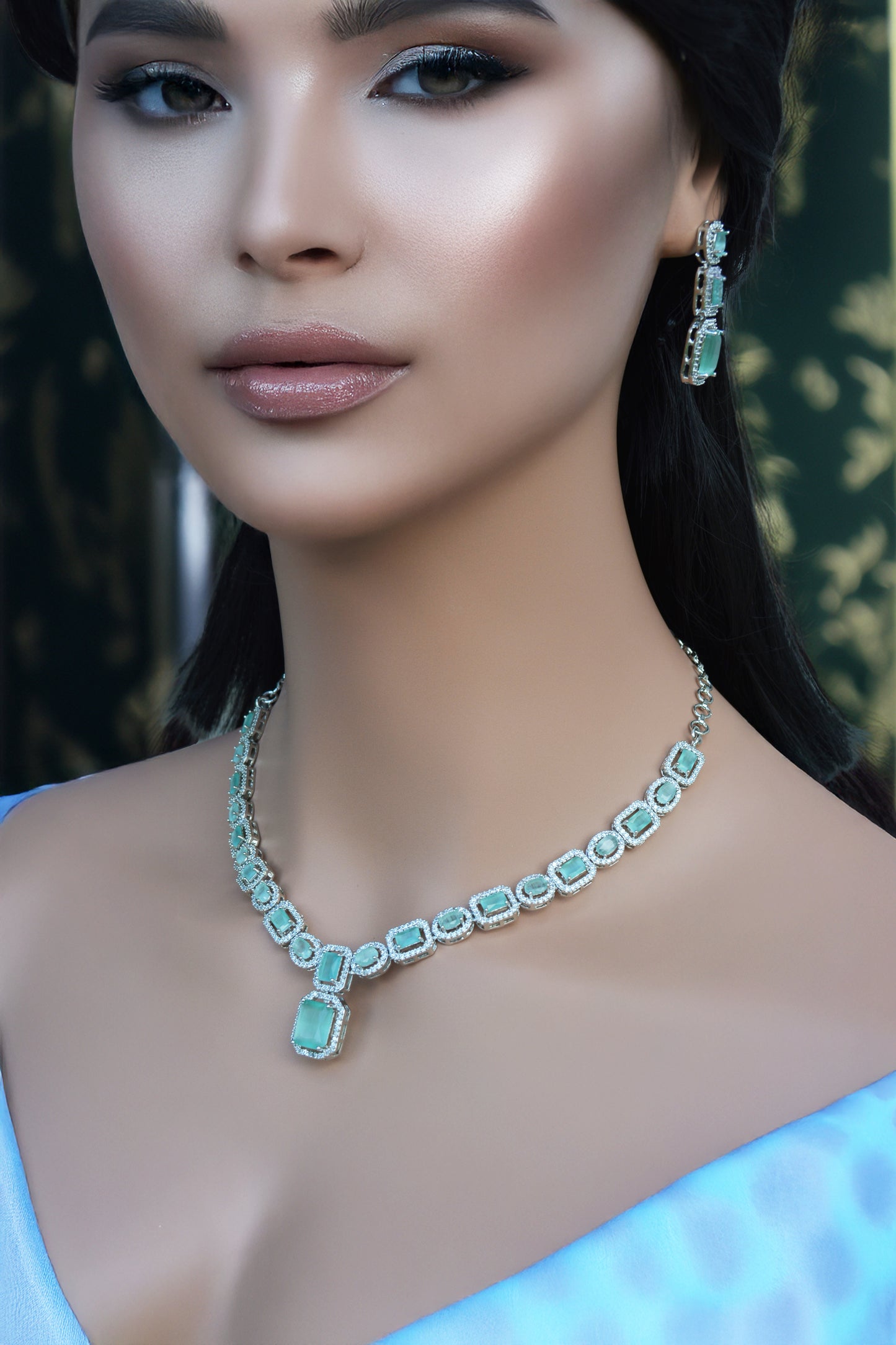 Mint Green A.D Necklace with Matching Earrings