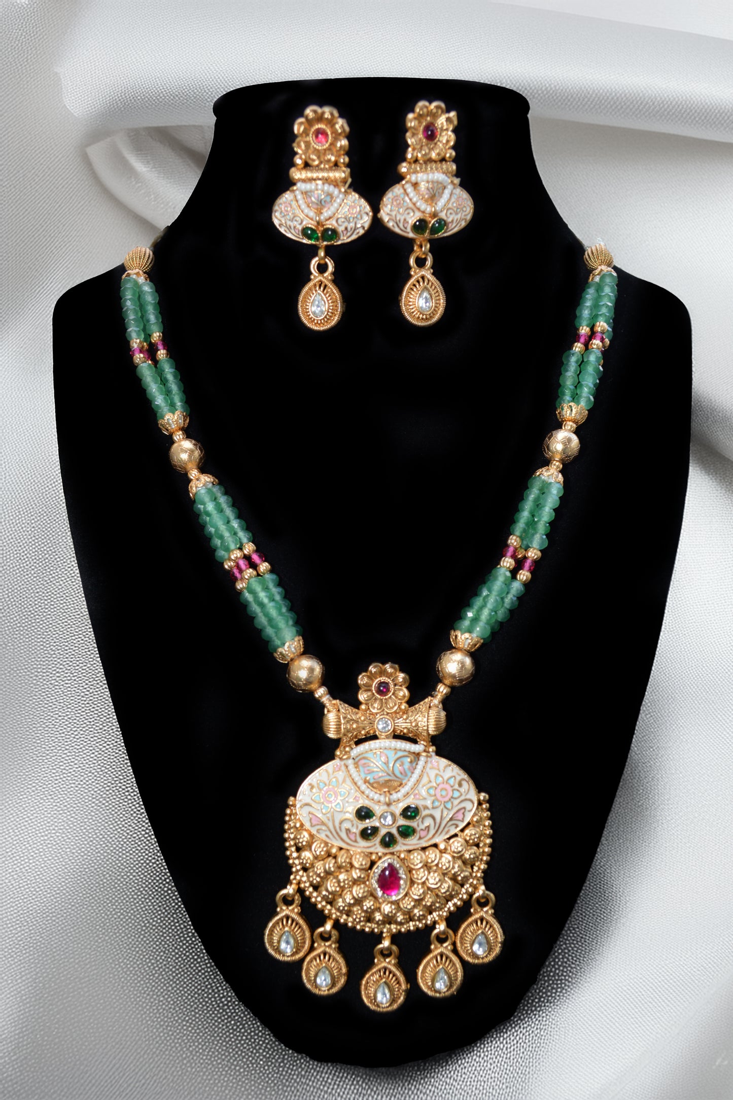 Green Color Beaded Long Necklace with Statement Pendant