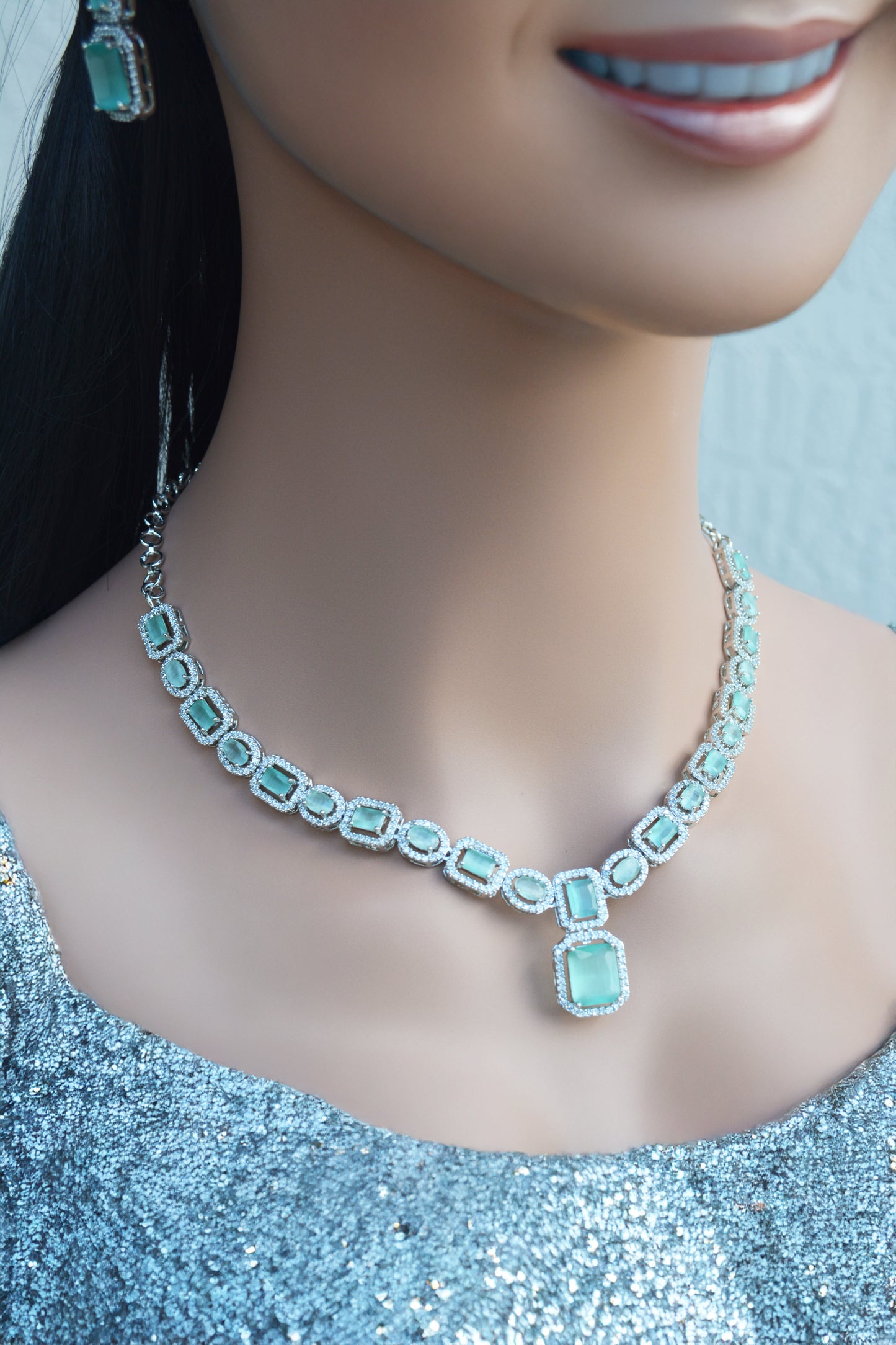 Mint Green A.D Necklace with Matching Earrings