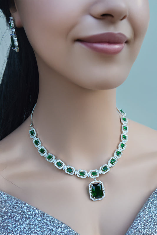Emerald Green A.D Necklace with Matching Earrings