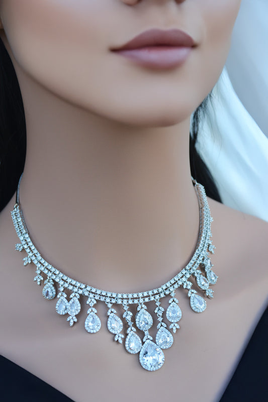 Silver Zircon Embellished A.D Necklace Set with matching earrings