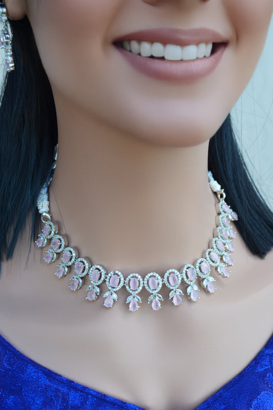 Silver AD Necklace with Pink Stones